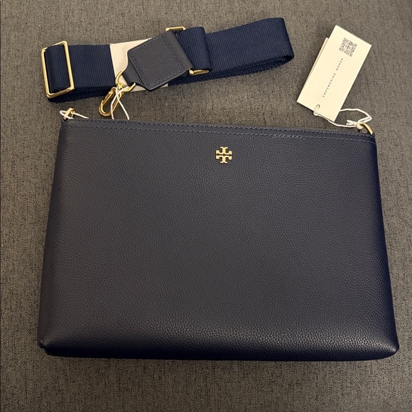 Tory Burch Navy Pebbled Leather Crossbody Pouch Bag Gold Hardware NWT